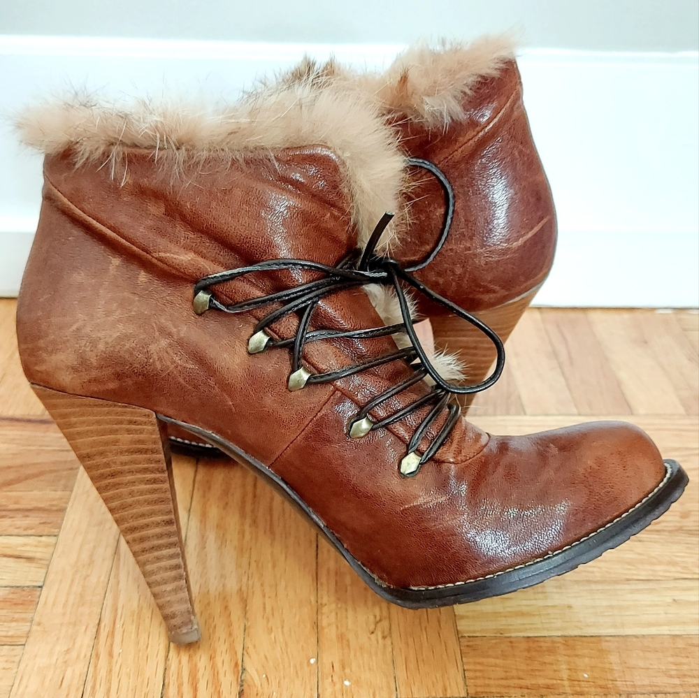 Mimosa Women Boot Size EU 38 Brown Leather Lace-Up Platform Academia Wood Chunky - Picture 5 of 12